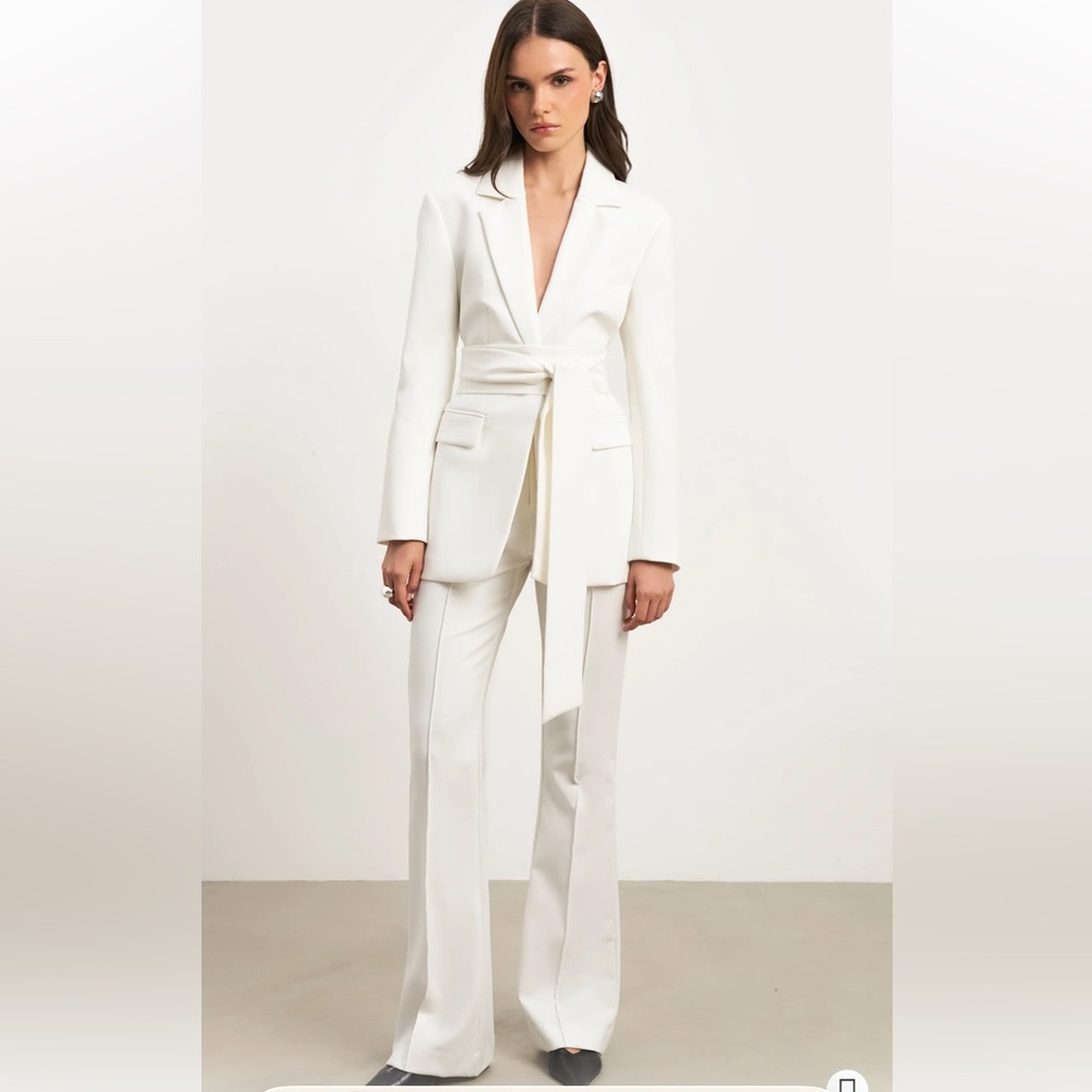 Brown-Medium CLASSIC BLAZER WITH BELT WIDE LEG SUIT TROUSERS.